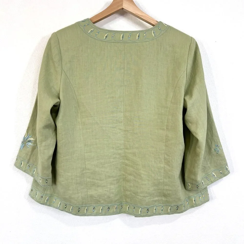 Dressbarn Blazer Womens 14 Sage‎ Green Linen Floral Embroideries Career Business
